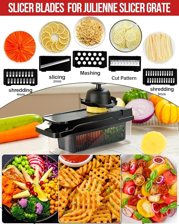 Vegetable Chopper Food Veggie Onion Chopper Kitchen Vegetable Slicer with Container Salad Cutter Multi All-in-1 Kitchen Gadgets Cheese Grater Includes Hand Guards and Gloves