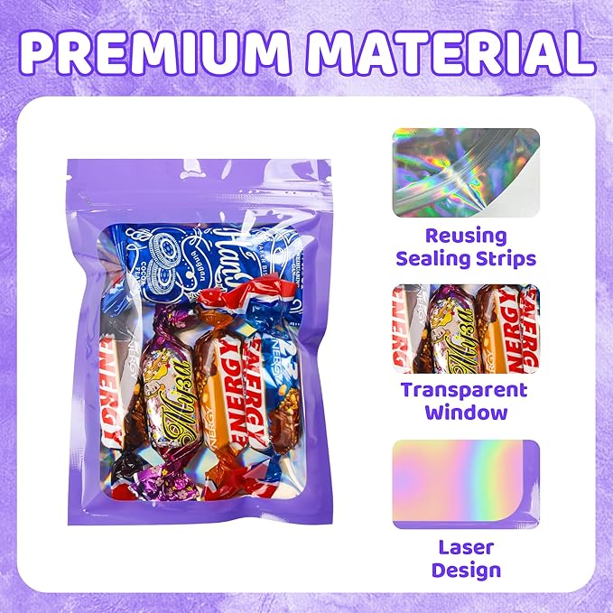 100 Pcs Mylar Bags Purple Holographic Bags with Clear Window Sealable Bags for Food Storage Resealable Bags for Small Business(4×6Inch)