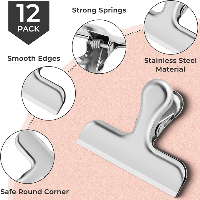 12 Pack Silver Chip Clips - Round, Smooth Edge Air Tight Seal for Food Packages, Snack Bag Clips for Office Kitchen Home