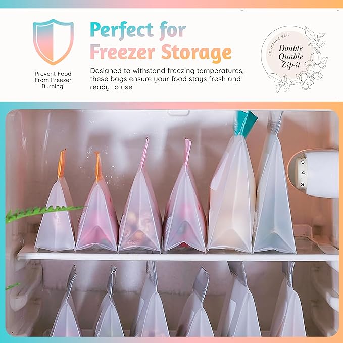 Reusable Silicone Food Storage Bags – 21-Pack Stand-Up, BPA-Free, Freezer, Dishwasher Safe & Eco-Friendly – 4 Gal, 6 L, 7 M, 3 S + Rack – Airtight Leakproof, Organization and Storage Bags (Multicolor)