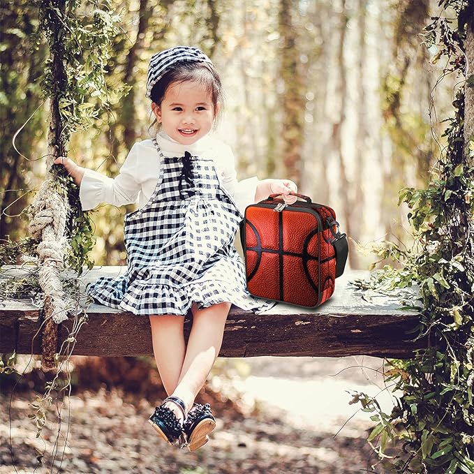Basketball Sport Kids Lunch Box Basketball Texture Insulated Lunch Bag Tote for Girls Boys, Cooler Freezable Meal Prep Bag with Shoulder Strap Waterproof Lunch Container for School Office Picnic