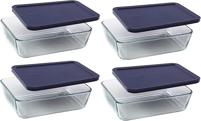 Pyrex 6-cup 7211 Rectangle Glass Food Storage Containers with Blue Plastic Lids - 4 Pack Made in the USA