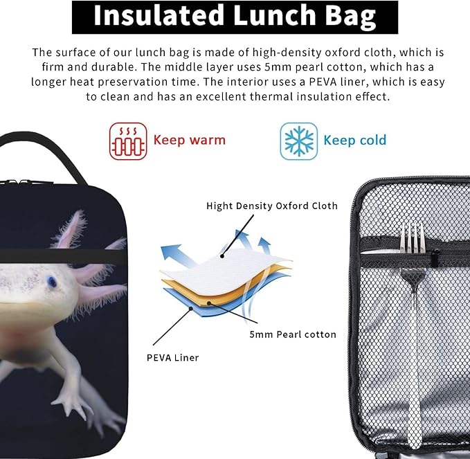 YETTA YANG Cute Kawaii Axolotl Ambystoma Mexicanum Portable Lunch Bag Insulated Lunch Box Reusable Totes For Women Men Work Picnic Camping