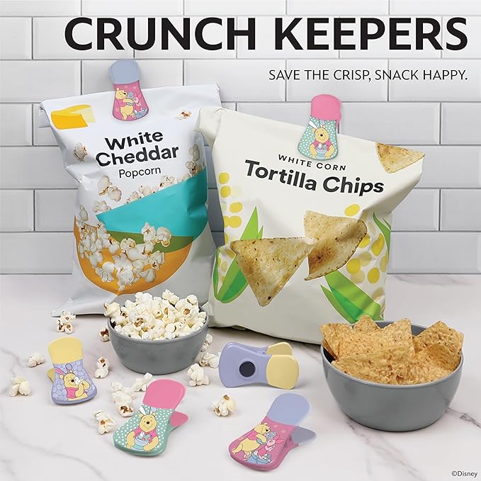 Disney Magnetic Chip Clips – Set of 6 Bag Clips for Food Storage - Mickey, Minnie, Lilo & Stitch, Winnie The Pooh – Durable Airtight Bag Chip Clips for Pantry & Fridge Use