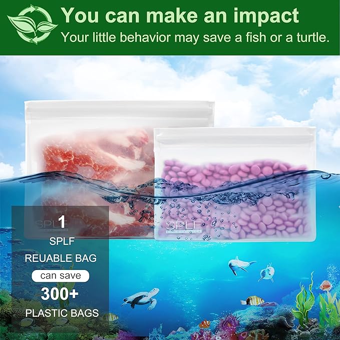 SPLF 8 Pack Dishwasher Safe Reusable Storage Bags (4 Half Gallon Freezer Bags, 4 Quart Sandwich Snack Bags), BPA FREE Stand Up Extra Thick Leakproof Silicone and Plastic Free Zipper Lunch Food Bags