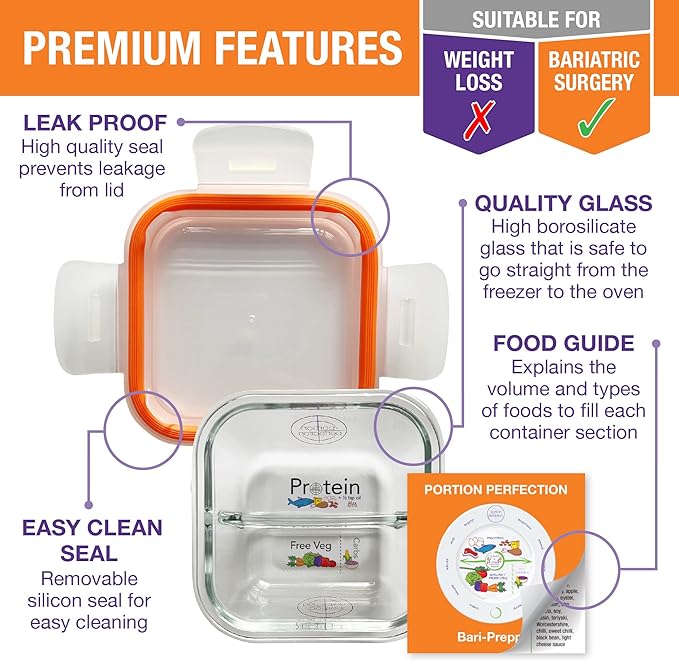 Portion Perfection Bariatric Must Haves / 3 Pk Bariatric Meal Prep Containers Reusable Glass Portion Control Container | Gastric Sleeve Must Haves | Bari Preppers