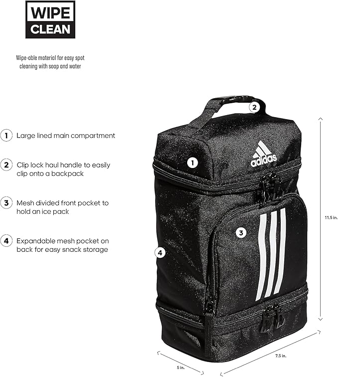 adidas Excel Insulated Lunch Bag, Cooler with Zipper, Pocket for Ice Pack, and Clip, Temperature Control Insulation,Black/White,One Size