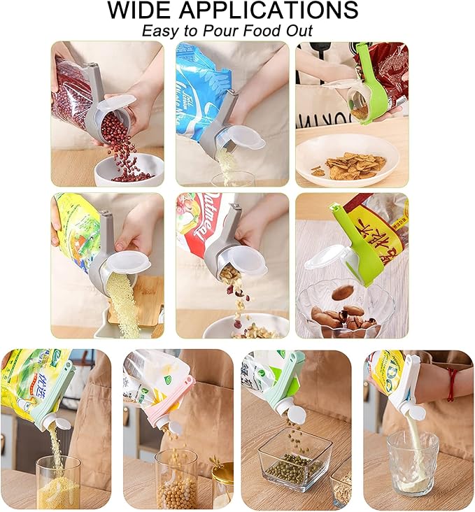 6Pcs Bag Spout Clip,Bag Clips for Food,Snack Sealing Clips with Pour Spouts,Kitchen Chip with 4pcs Adhesive Hooks, for Cereal Kitchen Food Storage Organization(2L+4S)