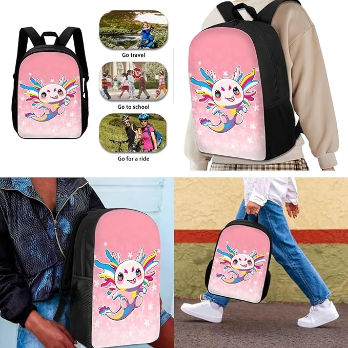 Dolyues Colorful Axolotl 17-Inch Waterproof College Backpack Set - Includes Lunch Box & Black Pencil Case - 3-Piece Bookbag for Students