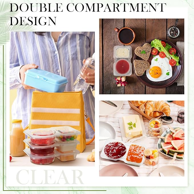10 Pcs 5 oz Double Compartment Snack Containers with Lids Clear 2 Compartment Small Disposable Plastic Snack Box Container for Sauce Salad Travel Sampling