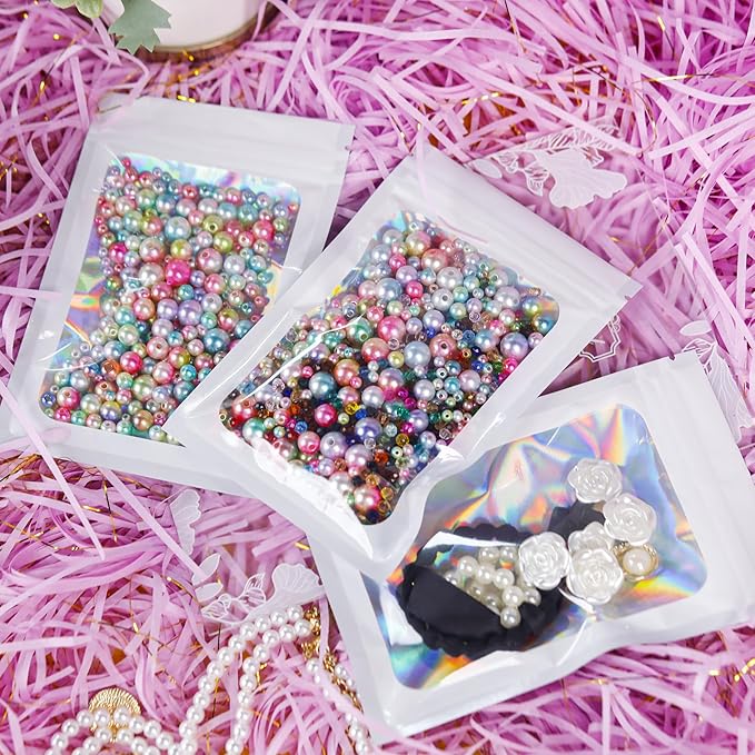 100 Pcs Holographic Bags White Packaging Bags Mylar Bags with Clear Window for Food Storage Resealable Bags Small Business (4×6Inch)