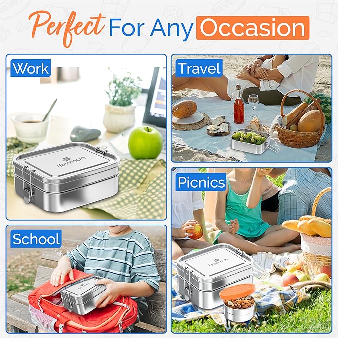 Stackable Stainless Steel Lunch Box With Snack Box 1400ml - Bento Box for Kids & Adults, Lunchable Food Container, Eco-Friendly Metal for School, Work & Travel