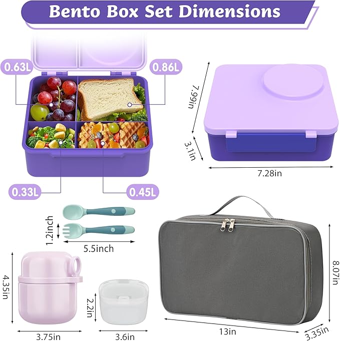 Bento Lunch Box for Kids with 12oz Soup Thermo, Leak-Proof Lunch Containers with 5 Compartments, Insulated Lunch Bag, Thermo Hot Food Jar with Spoon for Kids to School, Travel, Purple