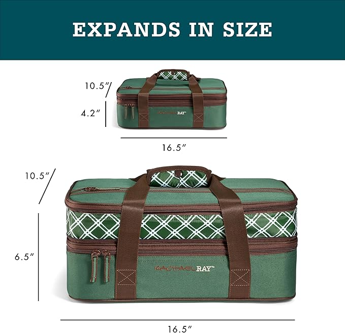 Rachael Ray Expandable Insulated Casserole Carrier for Hot or Cold Food, Thermal Lasagna Lugger Tote for Potluck, Parties, Picnic, and Cookouts, Fits 9" x 13" Baking Dish