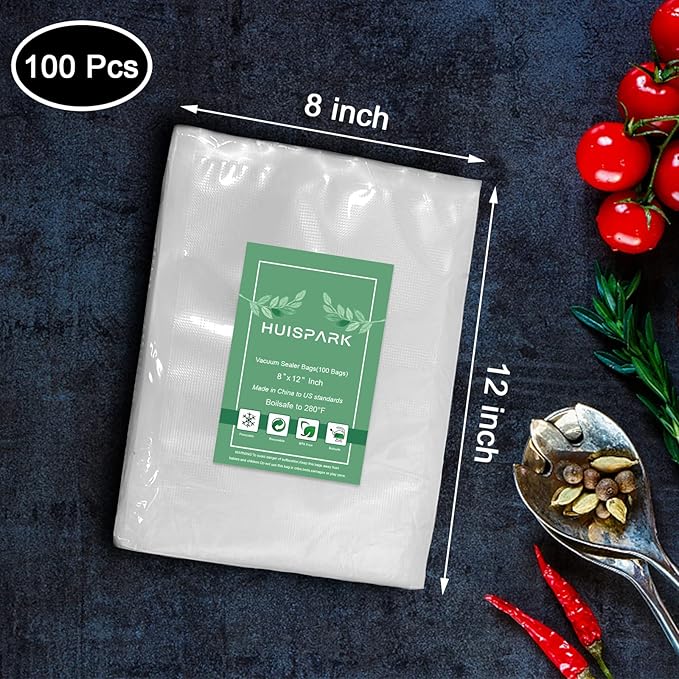 Vacuum Sealer Bags, 8" × 12" 100 PCS Heavy Duty Pre-Cut Design Commercial Grade Food Sealable Bag for Heat Seal Food Storage,Smell Proof Bags Boilsafe to 280°F Freezable, Resizable,Reuseable (100Pcs)