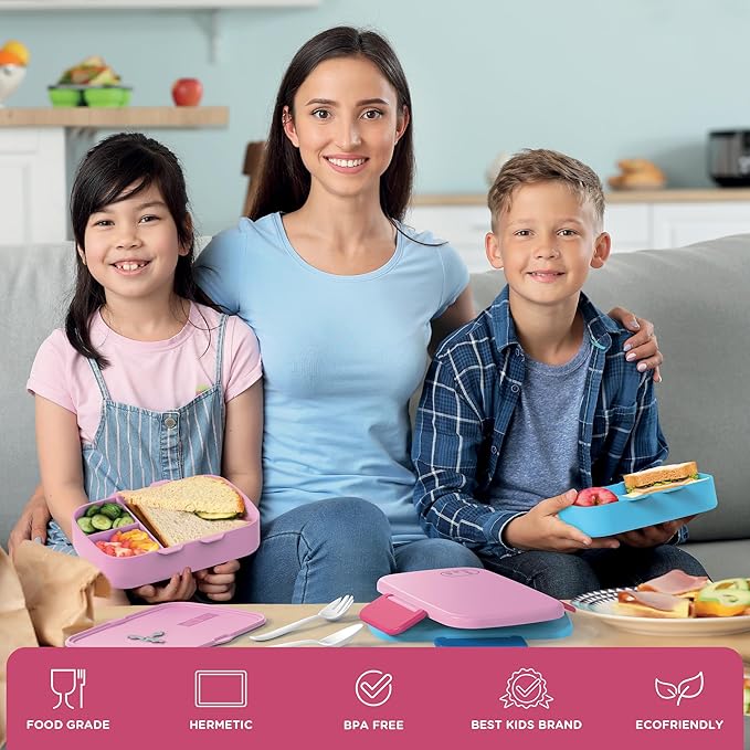Kids Bento Lunch Box For Boys and Girls With Free Cutlery Set, 6 Sticker Sheets (5+ Years) and Parent Cards - 880 ML Leakproof 3 Compartment Lunch Box for kids, Portion Control Bento Box Kids - Pink