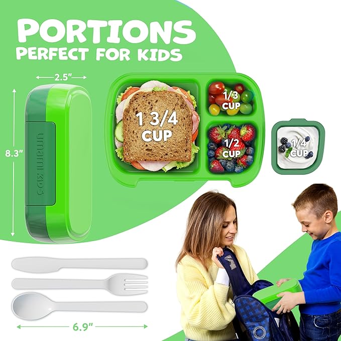 Umami All-in-1 Bento Box for Kids, Ice-pack & Utensils Included, 100% Leakproof & BPA free, Parents' favorite Lunch Box Kids (Jungle Green, 23 oz)