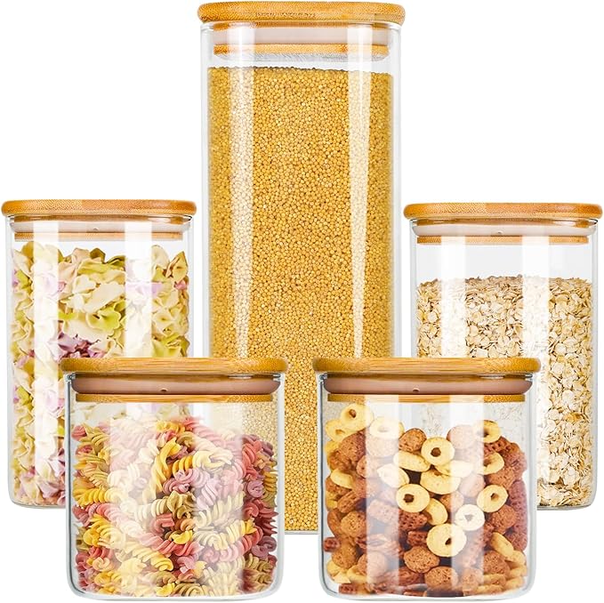 Glass Food Storage Jars with Bamboo Lids Square, Includes 1 Set of 74oz, 2 Set of 41oz & 27oz Storage Kitchen Canisters Pantry For Cookies Cereal Nuts Coffee Beans (Set of 5)