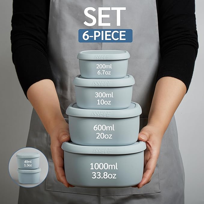 ISSEVE 6Pcs/Set Nesting Silicone Food Storage Containers with Lids, BPA Free Reusable Meal Prep Silicone Containers Lunch Box Bento Box Set (33.8oz, 20oz, 10oz, 6.7oz, 1.3oz) (Grey)