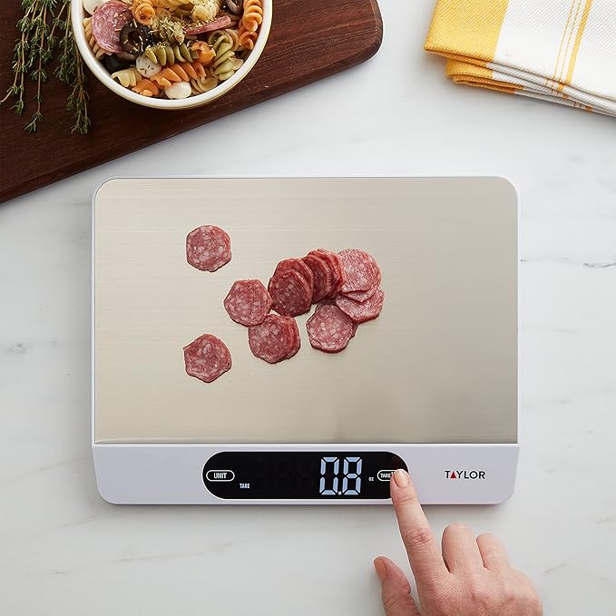 Taylor 22LB High Capacity Kitchen Food Scale with Stainless Steel Surface, Backlit Display, and USB Recharging Cord Included, White