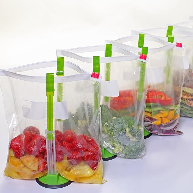 Jokari Adjustable Baggy Rack Stand 2 Pack Hands Free Food Storage Bag Holder Stand for Freezer and Sandwich Bags Clip Stand for Pouring Leftovers or Drying Reusable Ziploc Bags