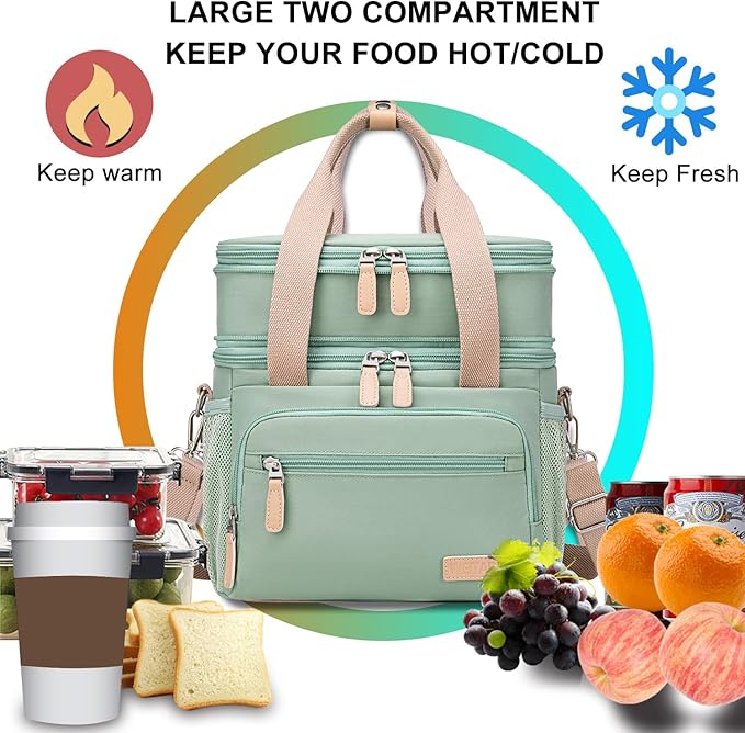 Weitars Insulated Lunch Box for Women Men-Dual Compartment Waterproof Reusable Large Lunch Bag for Women Wide-Open Tote Cooler Bag For Working Picnic Hiking (15L) (Green)
