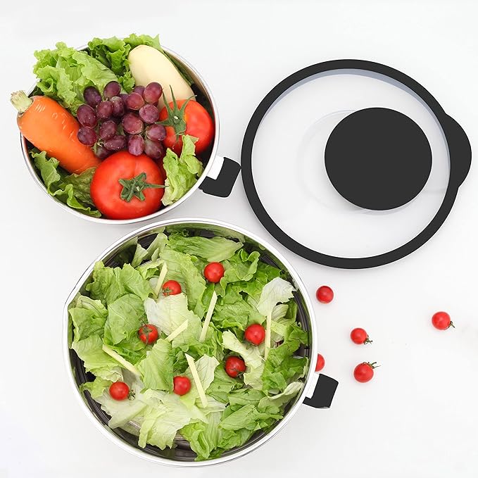 HAPPY KIT 18/8 Mixing Bowls With Lids Set of 2,Stainless Steel Mixing Bowl With Pour Spout, Non-slip Handle and Bottoms, 3 Grater Attachments, Measurement Marks & Lid, Size 5, 3QT(Black)
