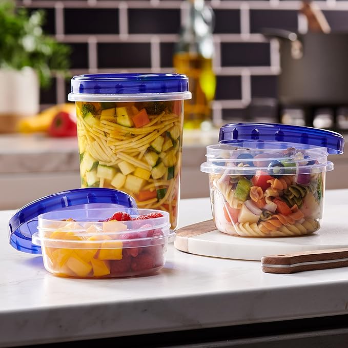PLASTICPRO 6 Pack Twist Cap Food Storage Containers with Blue Screw on Lid- 8 oz Reusable Meal Prep Containers - Freezer and Microwave Safe Blue Plastic Food Storage