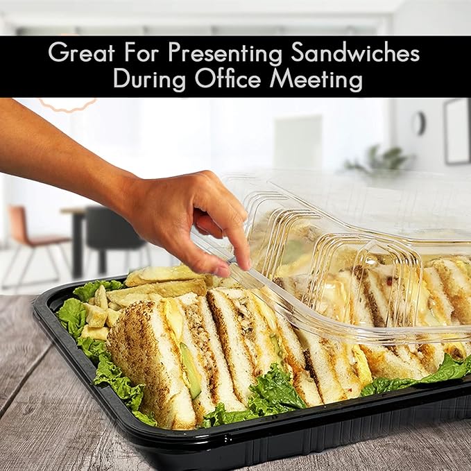 TRAYA Pack of 25 Serving Tray with lid - Reusable Catering Trays with Lids 13inch Long for Meal Prep, Cakes, Treats and Sandwiches (13 * 2.7 * 9.4inch)
