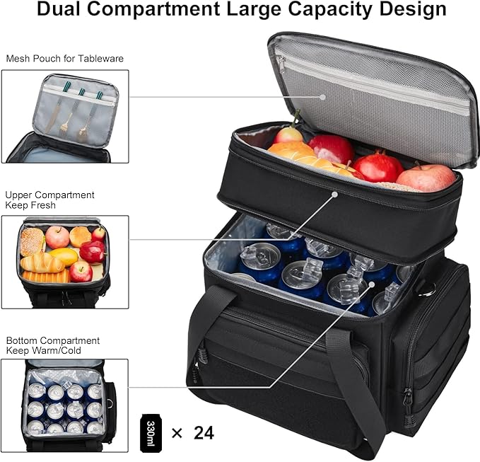 Tactical Lunch Box for Men, Insulated Lunch Bag Adult, Thermal Lunchbox Leakproof Waterproof Cooler Bag, Large Lunch Pail for Work Office Camping Travel (Black-Molle)