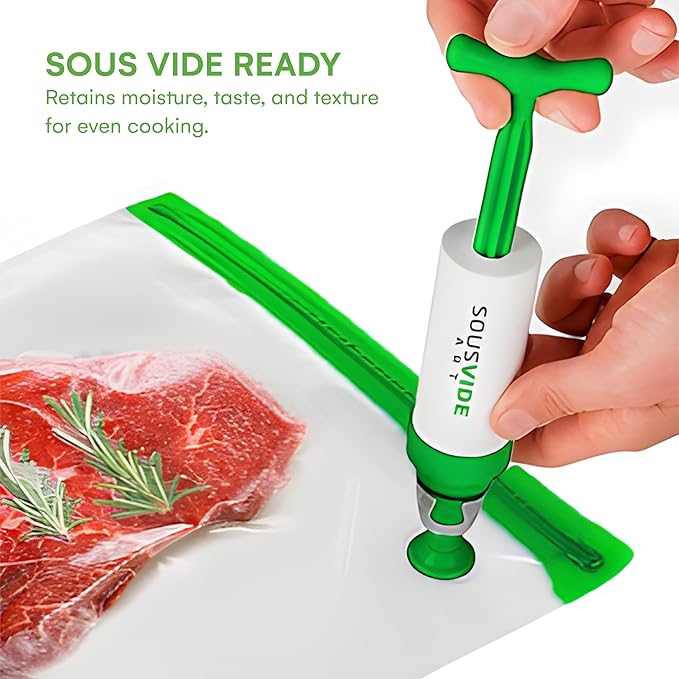 SOUSVIDE ART Reusable Vacuum Seal Bags with Vacuum Sealer, 37pcs - 30 Cooking and Storage Bags of 3 Sizes with Pump and Sous Vide Cooker Accessories - Food Safe Kit, Keeps Food Fresh