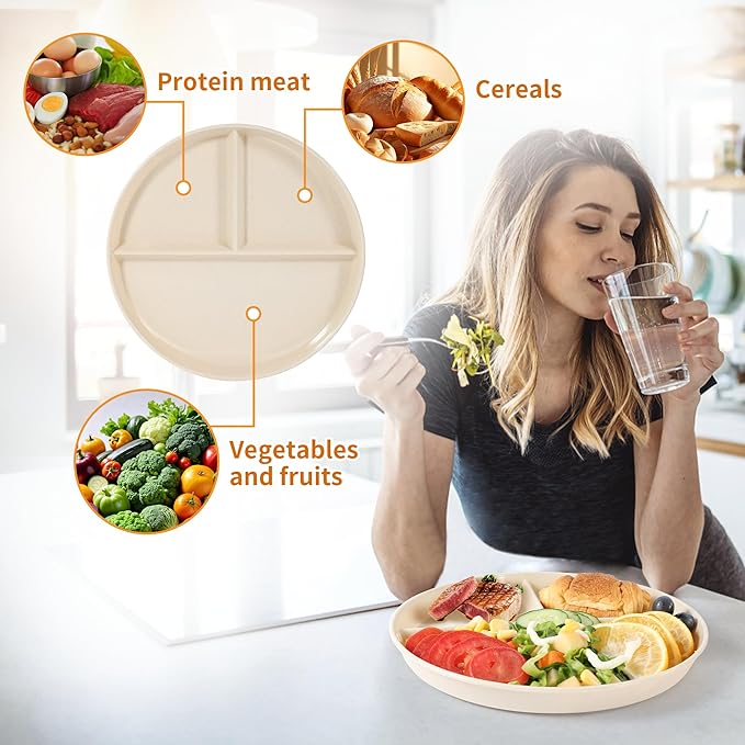 9" Unbreakable Divided Plates (8 PCS). Microwave & Dishwasher Safe! For kids & adults. Wheat straw, BPA - free. Portion control for health/weight loss. 3 -compartment, durable & smooth.