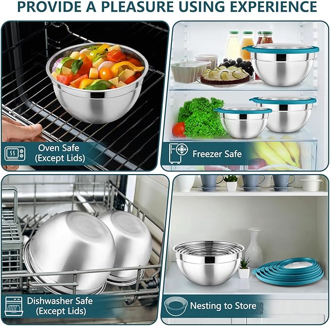 P&P CHEF Mixing Bowl with Lid Set, Stainless Steel Nesting Salad Bowls for Cooking Serving Prepping, Clear Lids & Stackable Design, Size 4.6, 3.5, 3, 2, 1.5, 1, 0.7 Qt - Blue, Set of 7