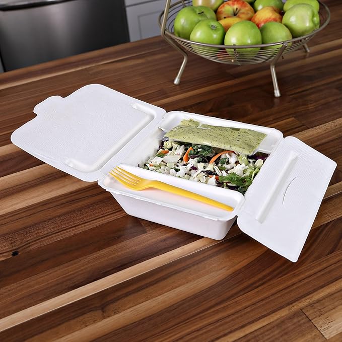 ECO PRODUCTS Compostable 58oz One-Piece To Go Containers, Case of 150, 8.25"x7.5"x2.5" Vanguard Folia Innovative Container, Disposable Renewable White Molded Fiber, No PFAS, ASTM, BPI-Certified