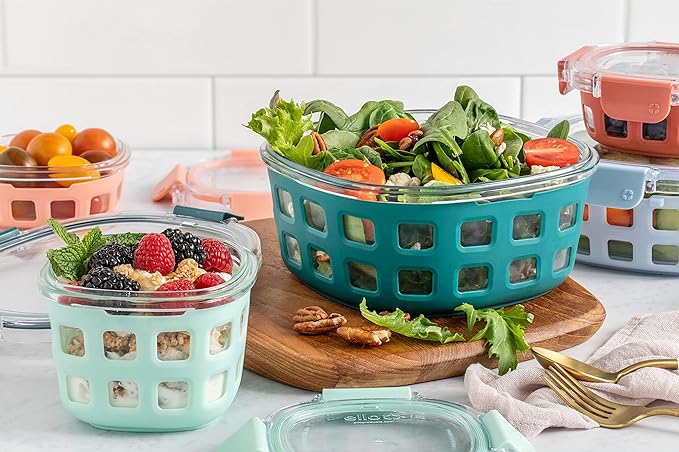 Ello Duraglass Mixed Meal Prep Sets Leak-Proof Glass Food Storage Containers with Silicone Sleeves and Airtight BPA-Free Lids, Dishwasher, Microwave, and Freezer Safe