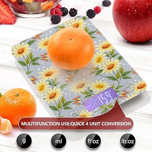 Food Scale Kitchen Scale for Baking Cooking Digital Food Weighing Measuring Scale Small Waterproof Electric Food Scale Yellow Sunflowers