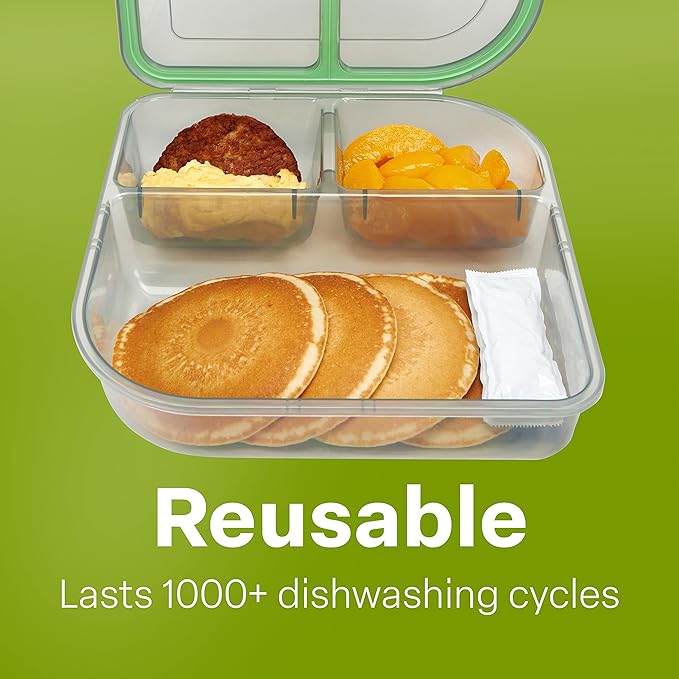 Large To-Go 3-Compartment Food Containers, Pack Of 3, 9-3/8" X 9-3/8" X 2-1/2", Reusable, Microwave Safe, NSF Certified, Smoke/Green