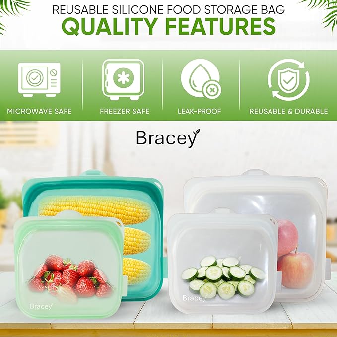 Reusable Silicone Food Storage Bags, Multi-Use Large Size Bag, White and Blue, 2-Pack | Microwave, Sous Vide, Dishwasher, Oven, and Freezer Safe | BPA Free, Eco-friendly, 68 Oz