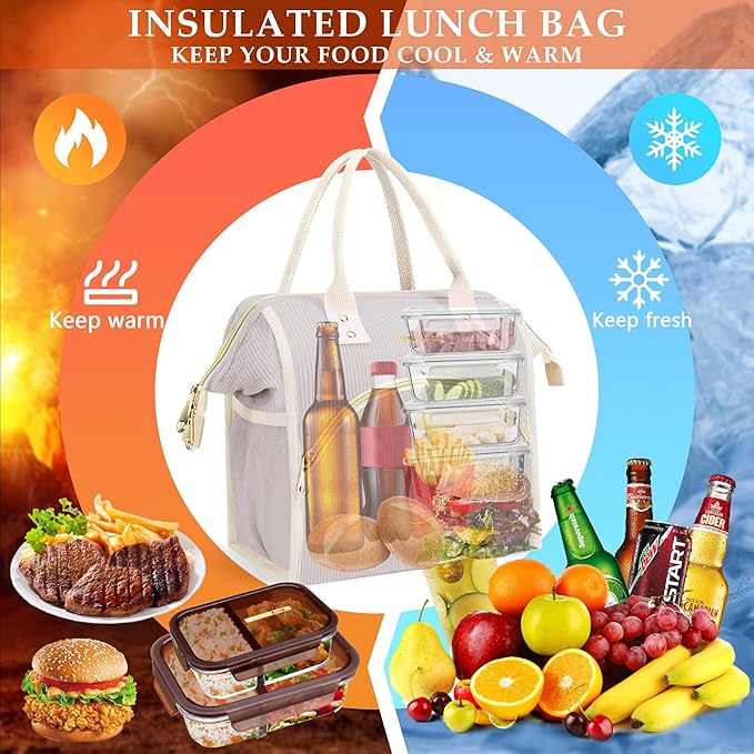 LOKASS Lunch Bag Women Insulated Lunch Box Wide-Open Lunch Tote Bag Large Cooler Bag for Work Picnic Hiking Beach(Light Gray)