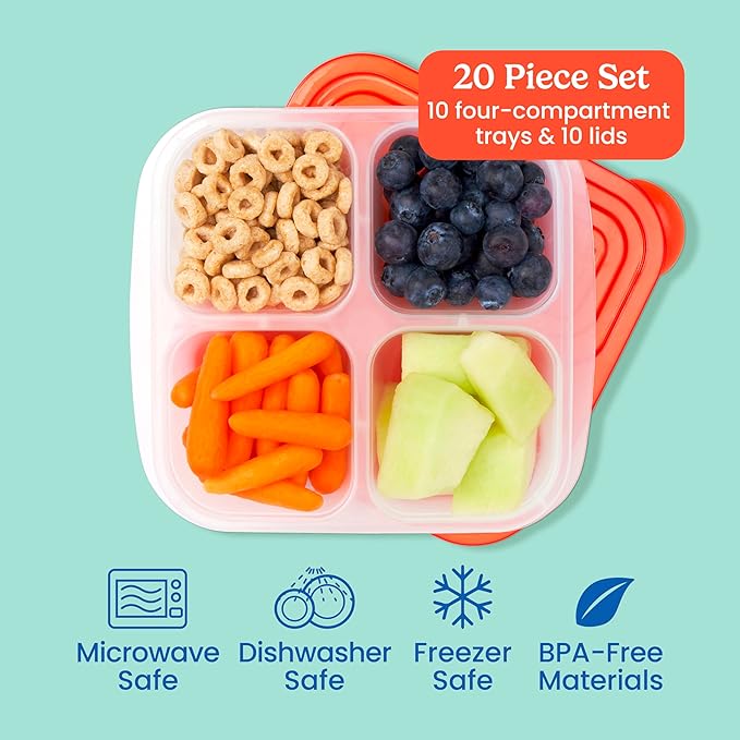 Bentgo Easyboxes 4-Compartment Snack Containers - 20-Piece Set with 10 Trays & 10 Custom-Fit Lids to Seal in Freshness - Reusable Food Storage & Meal Prep Bento BPA-Free Containers (Classic)