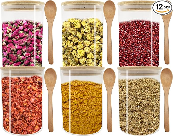 Glass Pantry Storage Containers, 27oz (6 Pack) Borosilicate Glass Food Jars with Airtight Bamboo Lids, 800ml Jar with 6 pcs Wooden Spoons