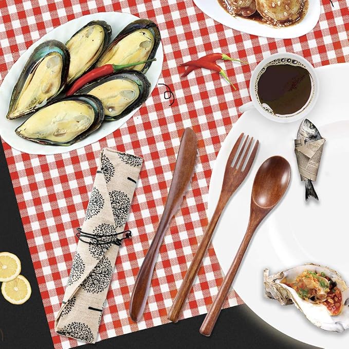 Wooden Spoon Fork Knife Eating Flatware Set Portable Utensil Set with Case, Reusable Wooden Cutlery Travel Utensils Set, 2 Spoons and 2 Forks and 2 Knives (Color 2)