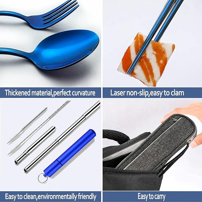 Portable Travel Reusable Utensils Silverware with Case,Travel Camping Cutlery set,Chopsticks and Straw Flatware, Stainless steel Travel Utensil set (Blue) Up