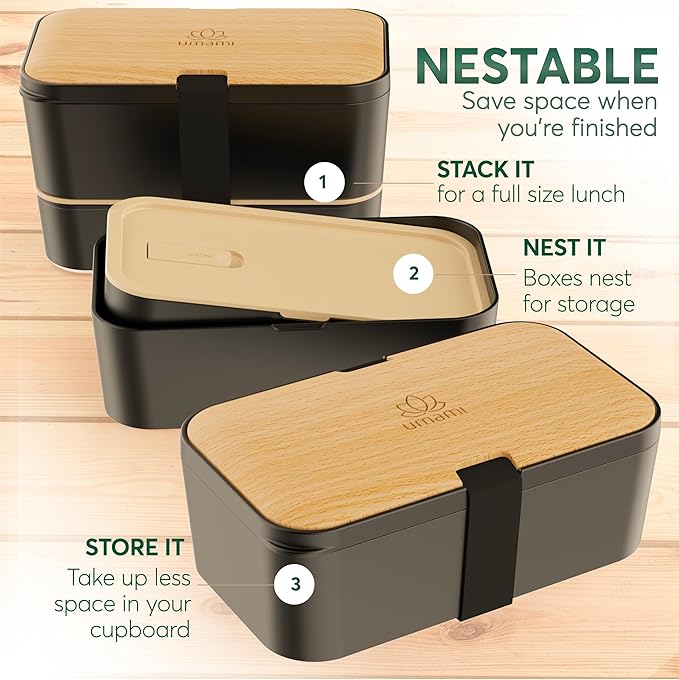 Umami Bento Box Adult All-in-1 w/ 4 Utensils, 100% Leakproof, Dishwasher & Microwave Safe Lunch Containers for Adults w/ 4 Compartments, Black & Tan, 50 oz