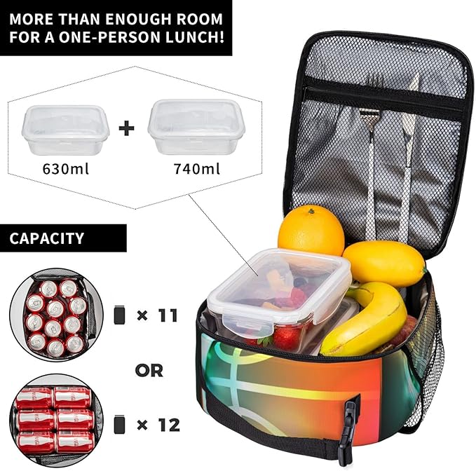 SARA NELL Cool Colorful Growing Fireball Lunch Box Basketball Lunch Bag Insulated Reusable Portable Lunch Tote Cooler Bag for Women Men Teens Kids, Office Work School Travel Lunchbox