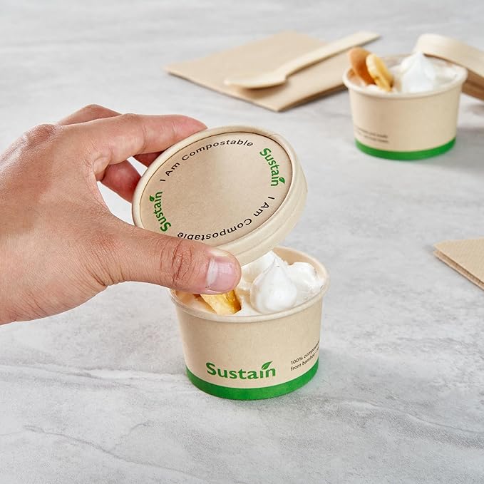LIDS ONLY: Sustain Round Paper Soup Container Lids, 200 Disposable Ice Cream Cup Lids - Cups Sold Separately, For 3 And 4 Ounce Cups, Bamboo To Go Cup Lids, PLA lining, Compostable - Restaurantware