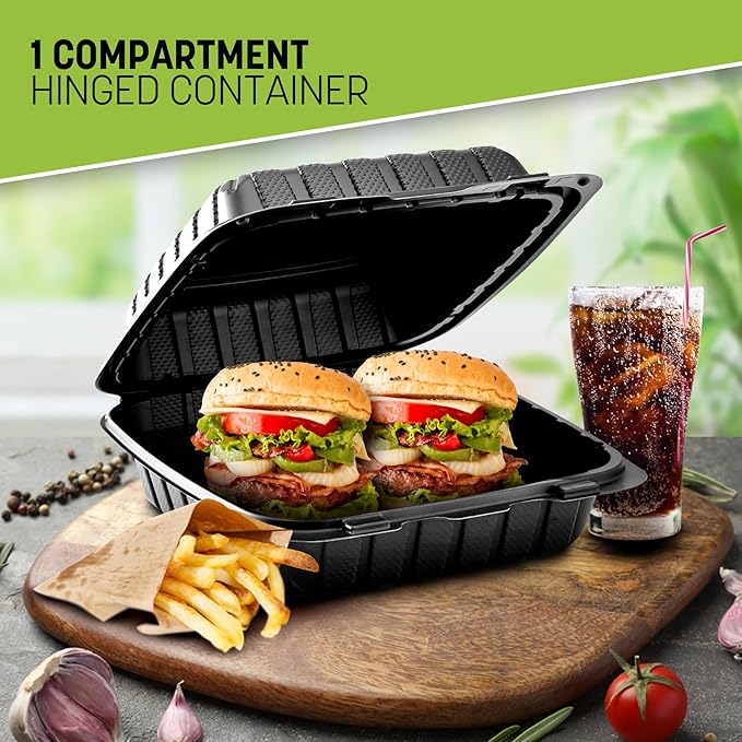 8X8X3 50-Pack Plastic Clamshell Takeout Food Trays Heavy Duty Disposable Box For Pasta Salad Sandwich Carryout Meal Prep Packaging Catering Hinged Containers With Secure Snap Lid - Black