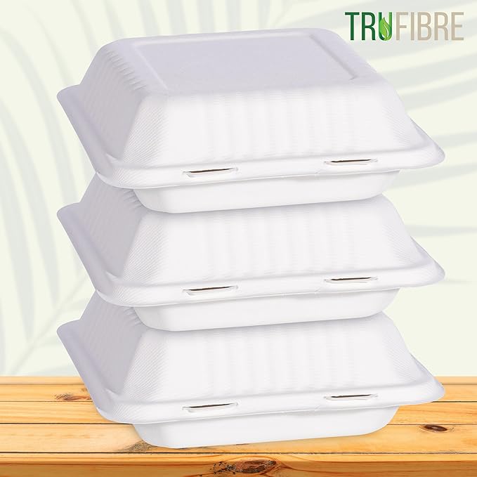 8 x 8 50 Pack White Clamshell Take Out Containers, 100% Biodegradable Compostable Bagasse, Disposable To Go Food Containers with Lids in Bulk