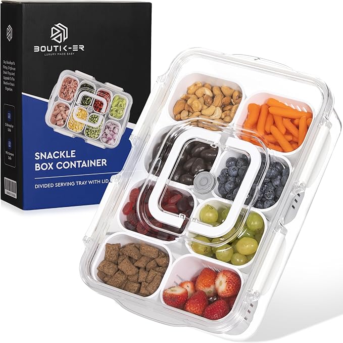 | Snackle Box Container, Divided Serving Tray with Lid & Handle - Microwave & Dishwasher safe - 8 Compartment Snack Organizer with 4 Regular & 4 Filter Cups for Travel, Picnic, Candy & Fruit