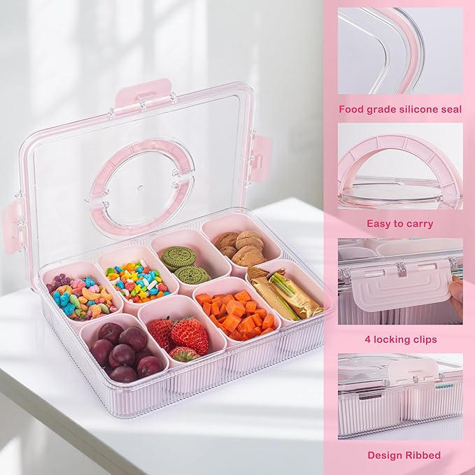 Patent Design Ribbed Snackle Box Container Divided Serving Tray with Lid and Handle -Charcuterie Container Portable Storage Organizer for Candy, Fruit, Beach, Picnics(1 pcs, Pink